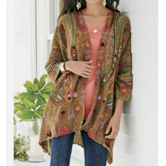 SOFT SURROUNDINGS Bright Green Wool Embroidered Paisley Cardigan Kimono PXL - Picture 1 of 7